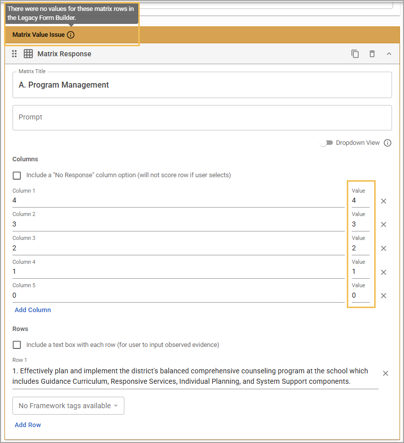 Matrix response item showing an issue for numerical values that the user should address.